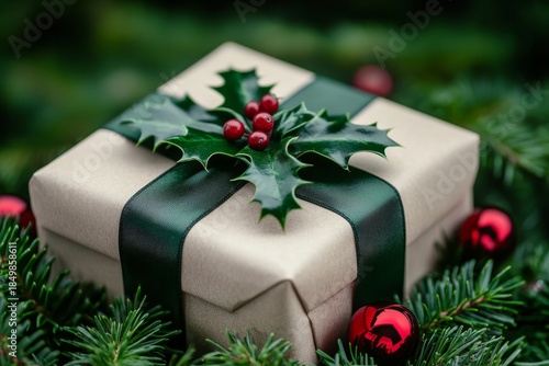 Charming Wrapped Christmas Gift Surrounded by Greenery, Spreading Joy and Warmth for the Holidays