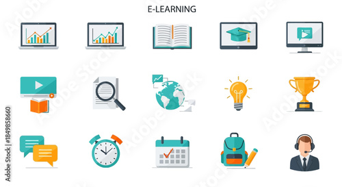 Illustrative iconography representing contemporary distance education and online learning methods