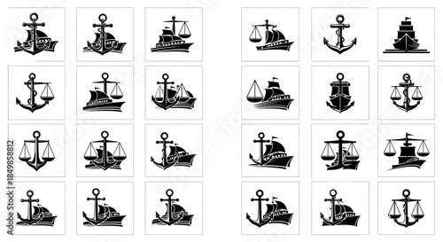 Assorted maritime and judicial themed black and white vector icons arrangement