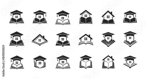 Collection of education and learning logo concepts featuring books, houses and graduation caps