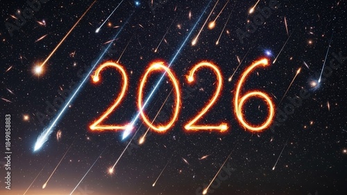 Fiery 2026 Numbers in Deep Space with Bright Comets and Stars