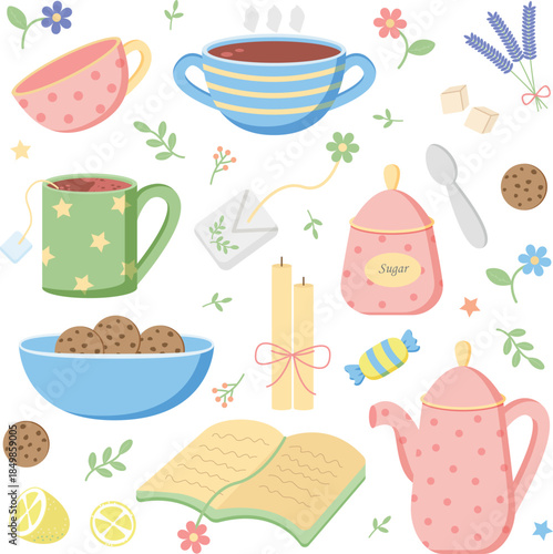 Tea time vector set with cups, teapot, sugar jar and cookies