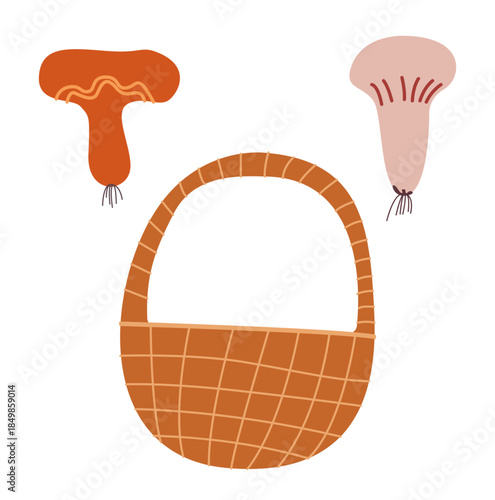 Mushroom picker set: wicker basket, mushrooms. Vector elements, autumn illustration.