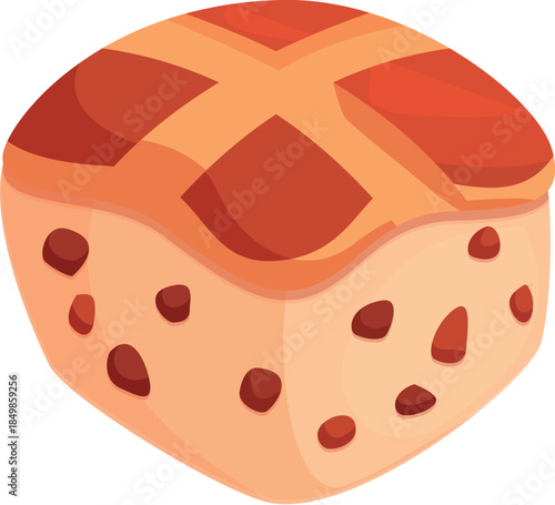 Square hot cross bun with raisins, featuring traditional cross decoration, perfect for easter celebrations