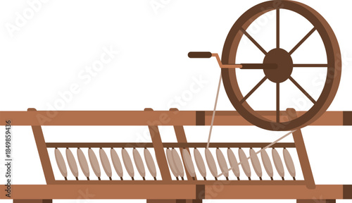 Wooden spinning wheel with spindles, used for creating yarn from wool or other fibers, showcasing traditional textile production methods