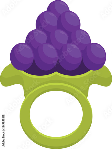 Green plastic baby teether ring with purple grape like protrusions for relieving teething discomfort