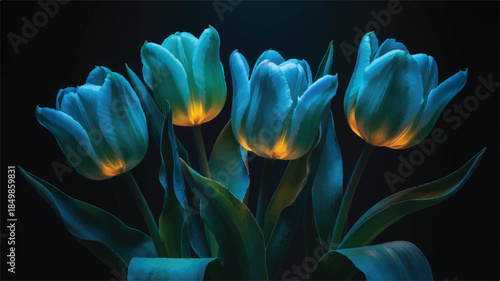 A dramatic digital art photograph of four glowing turquoise tulips against a black background