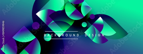 Abstract vibrant design features overlapping shapes, gradients. Turquoise, purple hues dominate composition. Text reads background design.