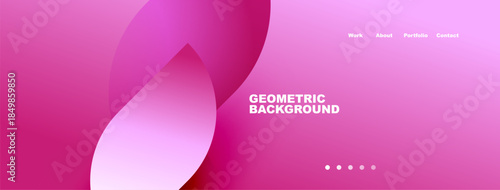 Abstract pink design. Geometric shapes create flowing background. Text displays work, about, portfolio, contact. Dots indicate navigation.