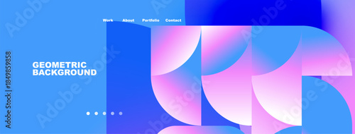 Abstract geometric design. Blue, pink hues create modern website header. Navigation links present. Minimalist aesthetic.