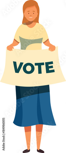 Woman is holding a sign inviting people to vote in political elections