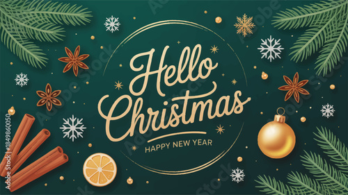 A festive Christmas greeting card design with a deep forest green background.  