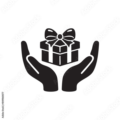 Caring hands holding gift box black and white vector icon for holiday presents celebrations charity and giving