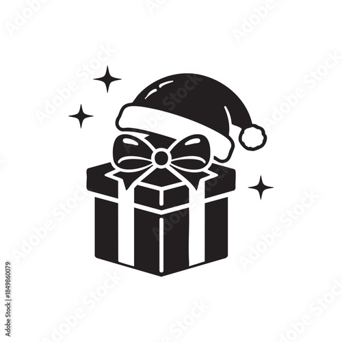 Black and white Christmas gift box with ribbon and Santa hat festive holiday present vector illustration