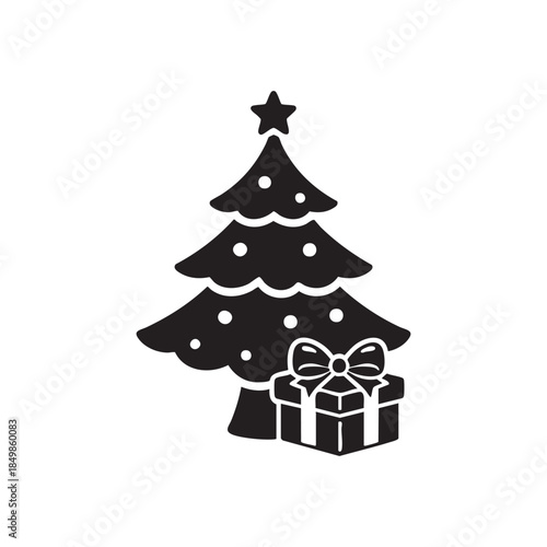Black and white Christmas tree with gift box icon festive holiday presents vector illustration