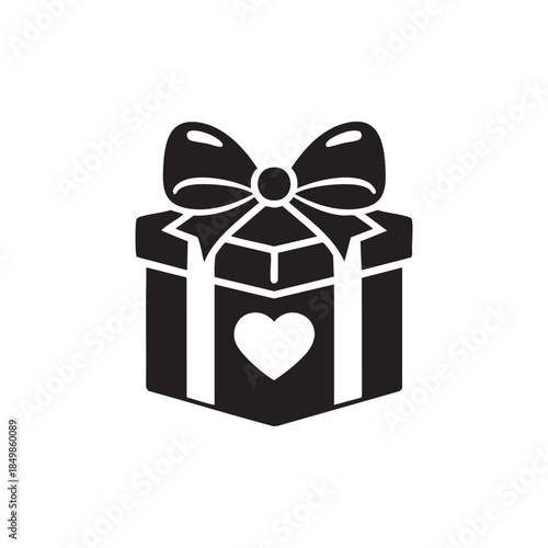 Black and white gift box icon with heart and bow vector for gifts and holiday presents