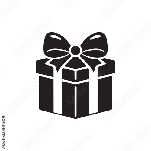 Black and white gift box icon with ribbon and bow vector illustration for holiday presents and celebrations