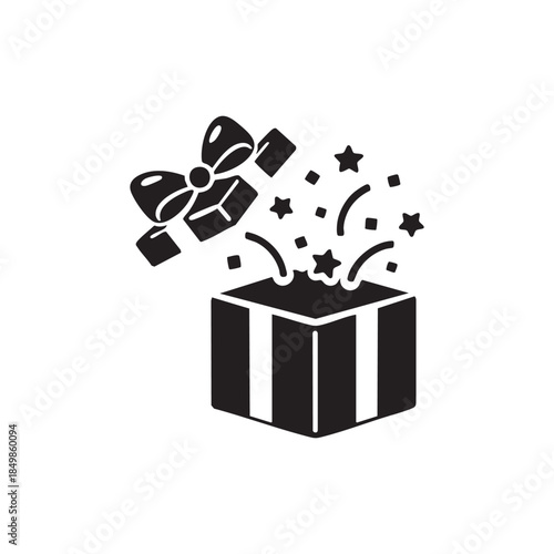 Black and white vector surprise gift box with ribbon and confetti festive holiday present icon