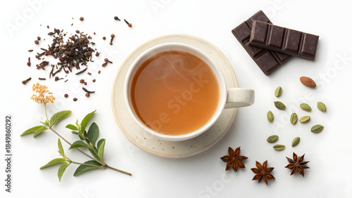 A cup of hot tea and chocolate on a white table