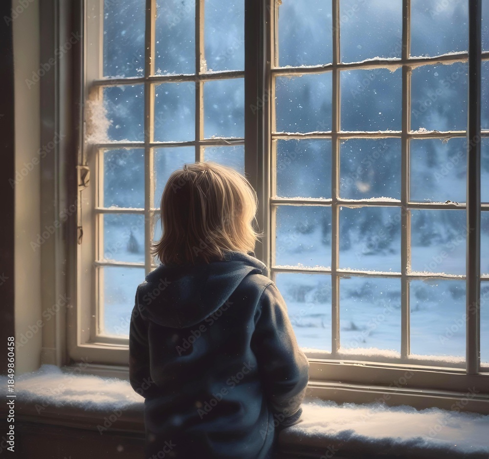 Fototapeta premium Child looking out frosted window at falling snow, soft light, quiet winter holiday mood