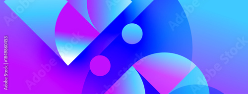 Abstract shapes blend vibrant purple, blue hues. Circles intersect creating dynamic visual effect. Smooth gradients dominate composition.