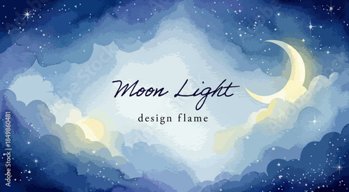 月明かりの水彩夜空フレーム｜三日月と星の幻想的背景