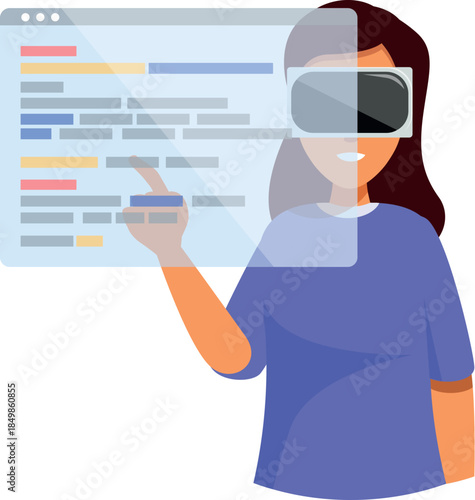 Woman software engineer wearing virtual reality headset interacting with transparent digital display, coding and developing software in futuristic environment
