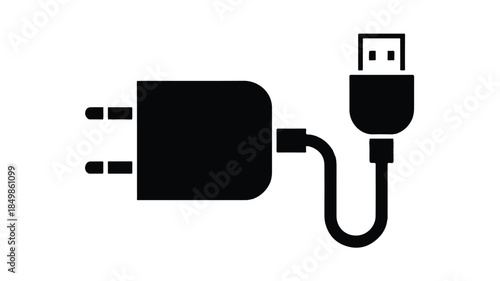 A minimalist black and white icon illustration of a wall charger adapter. 