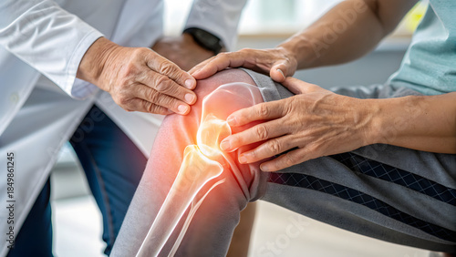 Doctor Examining Injured Knee Joint with Red Glow Effects