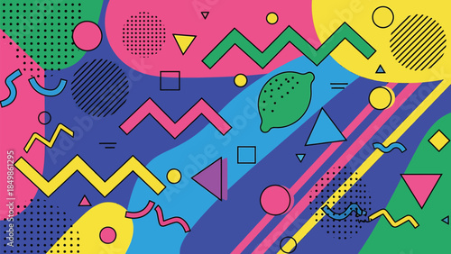 Vibrant Abstract Memphis Style Pattern A Flat Vector Design with Geometric Shapes and Bright Colors