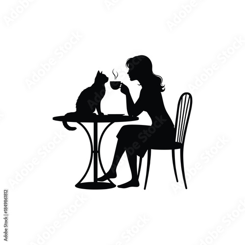 Woman enjoying coffee with cat isolated on white background, Vector, illustration