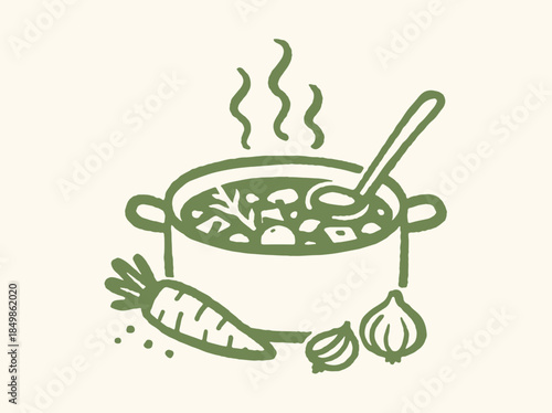 Soup Pot with Vegetables Minimal Line Sketch Vector Illustration