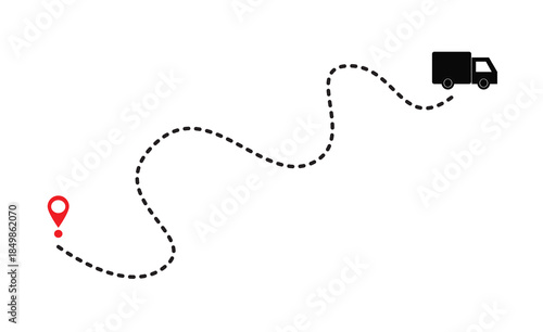 Vector illustration of a truck route with dotted lines and location markers. Travel navigation, transportation, road map, winding, straight with flat design.