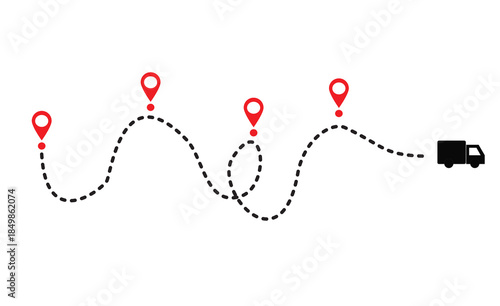 Vector illustration of a truck route with dotted lines and location markers. Travel navigation, transportation, road map, winding, straight with flat design.