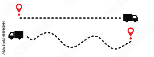 Vector illustration of a truck route with dotted lines and location markers. Travel navigation, transportation, road map, winding, straight with flat design.