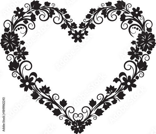Ornate black floral heart frame with delicate swirls and blossoms
