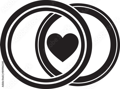Interlocking wedding rings with a heart symbol in the center