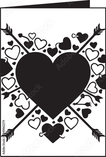 Black heart with arrows and small hearts on a white background