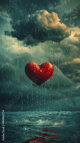 The dramatic image of a heart in the rain symbolises the climate crisis and can serve as an emotional backdrop for social campaigns or art projects.