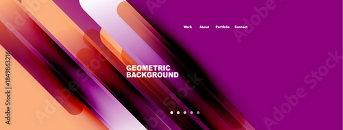 Abstract geometric design features vibrant orange, purple gradients. Modern layout includes navigation work, about, portfolio, contact.