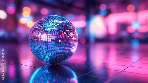 Neon Disco Ball Reflecting Lights Party Background.