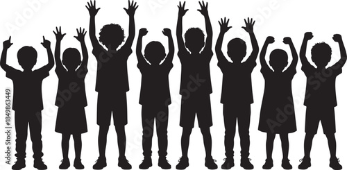 Silhouette of diverse group of children with arms raised high