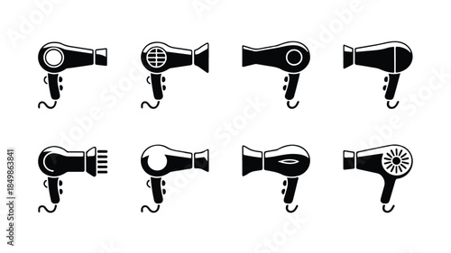 A set of eight black and white icons of hair dryers arranged in two rows 