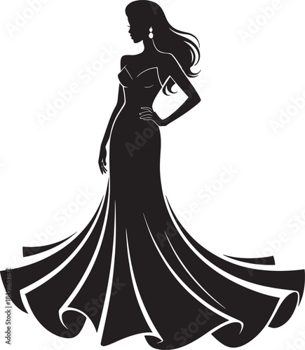 Silhouette of a woman in a long, flowing evening gown