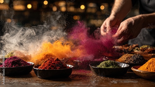 Chef Mixing Colorful Spices On Wooden Table