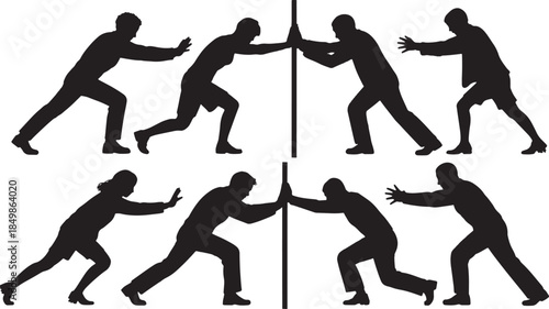 Silhouettes of people pushing against a dividing line