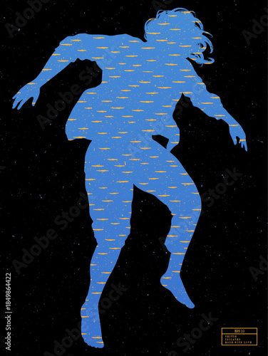 Falling man patterned silhouette. Sea pattern. Abstract orange waves