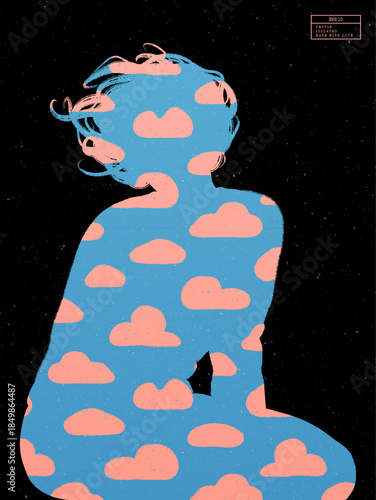Patterned silhouette of sitting man. Cartoon clouds on blue background