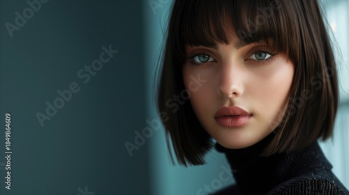 A young woman with a Fringe Bob haircut, sharp blunt bob with soft fringe bangs