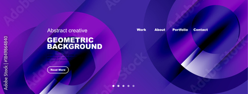 Purple website header displays abstract geometric shapes, text, navigation menu. Includes read more button, dot indicators. Modern design.